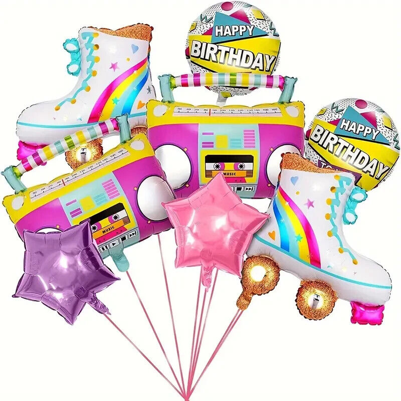 Rainbow Roller Skate Boom Box Balloons 80s 90s Retro Party Foil Balloon Girls