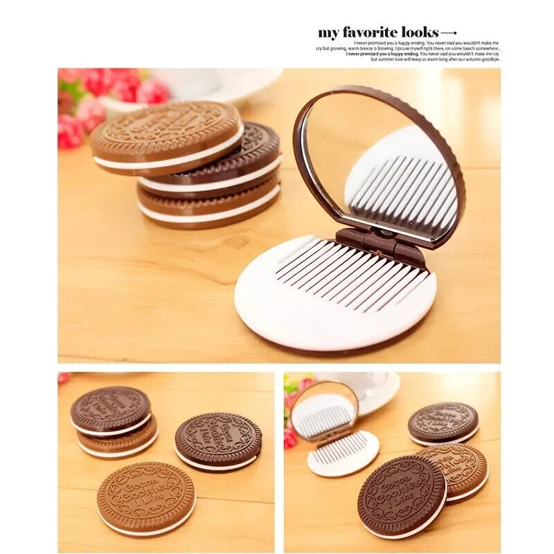 Cute OREO Style Cookie Shaped Folding Compact with Comb and Mirror Light Brown