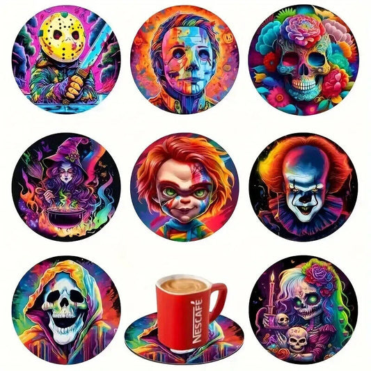 SKULL WITCH IT CLOWN Coaster SET Man Bar Horror Movie Chucky HALLOWEEN