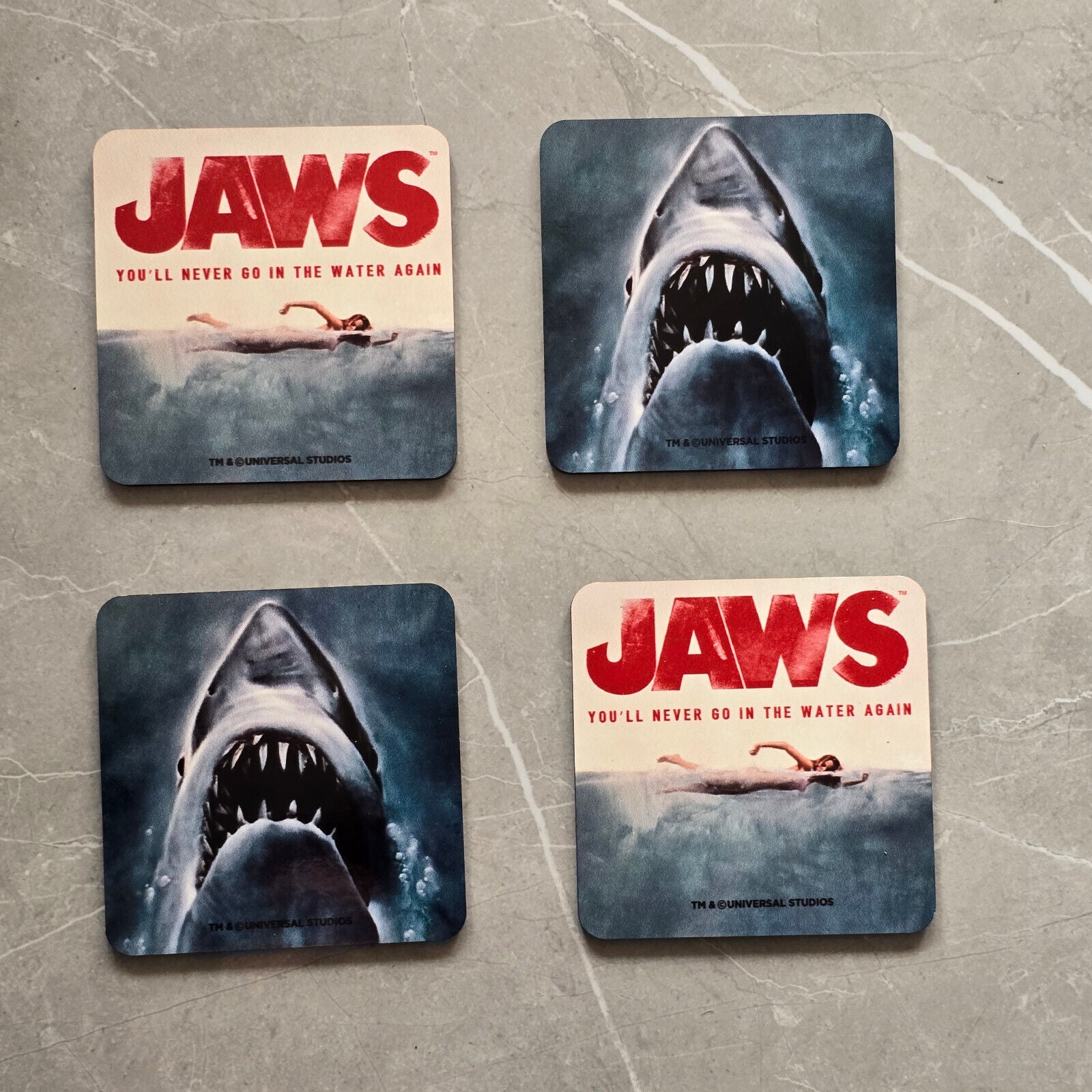 Jaws CLASSIC SWIM COASTER SET Great White Shark Thriller Coffee Tea Drink MOVIE