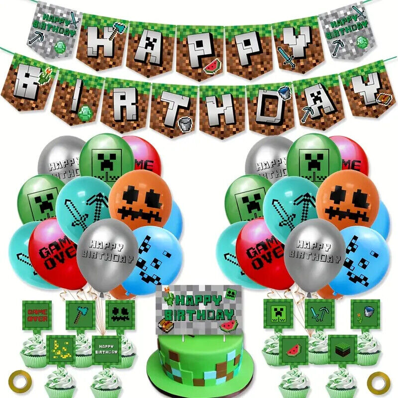 MINECRAFT GAMING PARTY SUPPLIES BALLOONS TOPPERS VIDEO GAME BIRTHDAY DECORATIONS