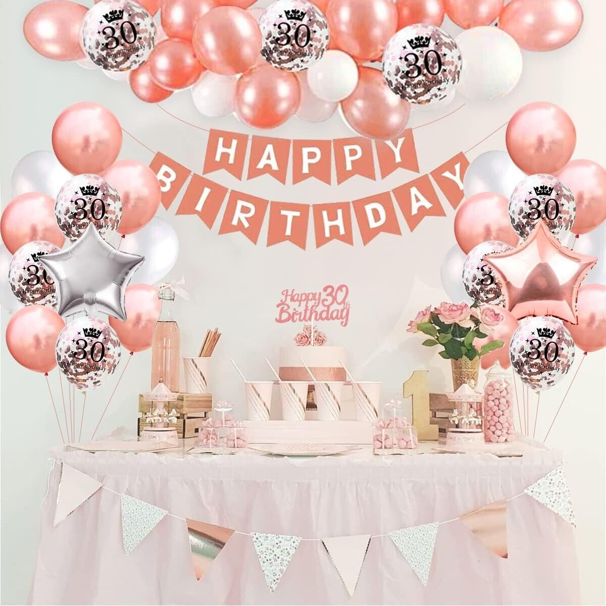 30th Birthday Party Decorations Set 36Pcs ROSE GOLD Balloons Banner PINK 30
