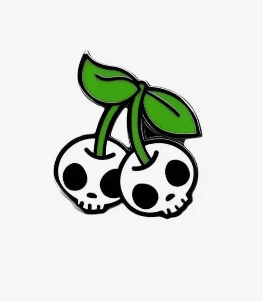Skull Faced White Cherry Cherries Pin Badge Brooch Emo Goth Enamel