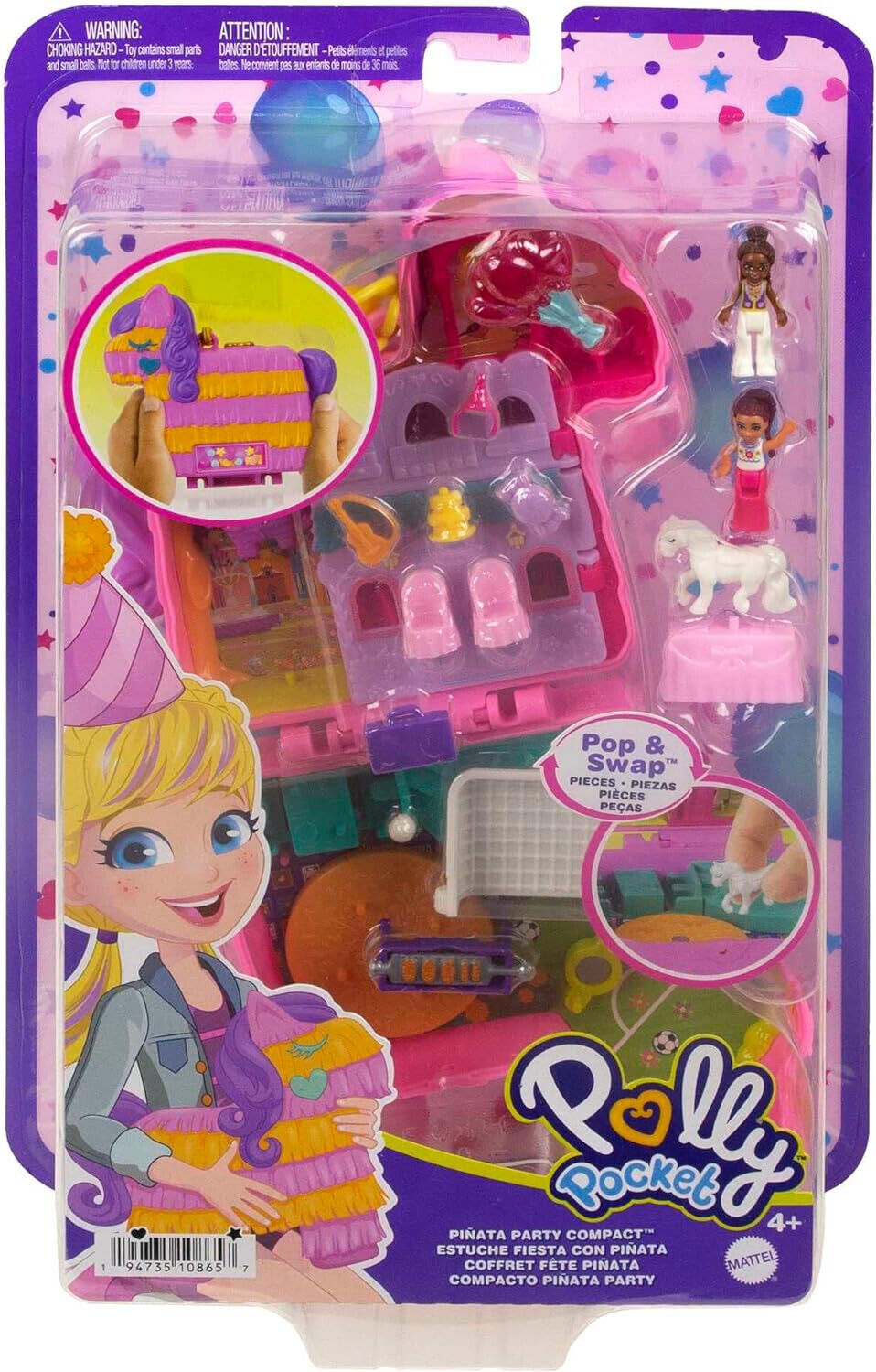 Polly Pocket Mini Toys, Piñata Party Compact Playset with 2 Micro Dolls and 14 A
