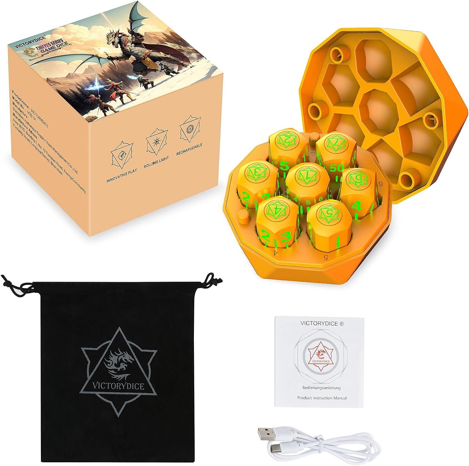 Rechargeable Light Up DND Dice 7PCS Set Luminous Glow LED Dices Charging Box