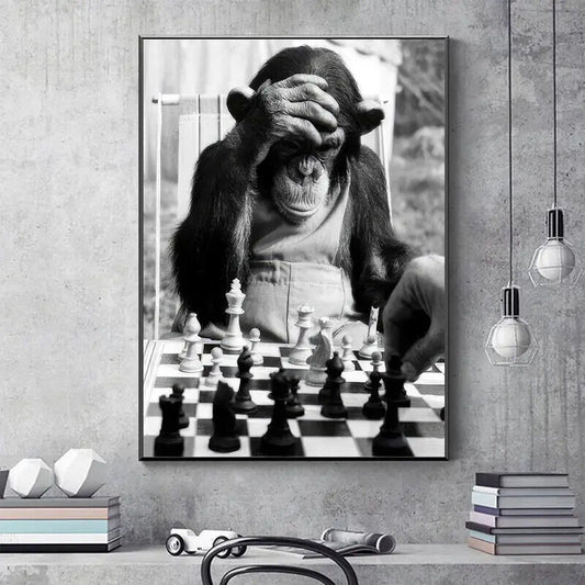 ANIMAL Canvas Wall Art Movie Poster Print Picture MONKEY CHIMP GREYSCALE CHESS