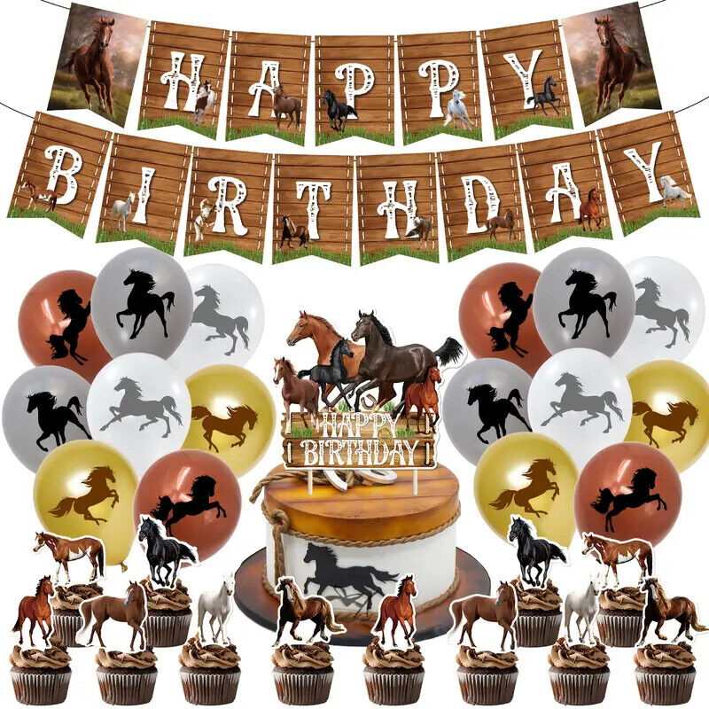 Animal Horse Theme Birthday Party Set Balloons Banners Cake Decorations BROWN