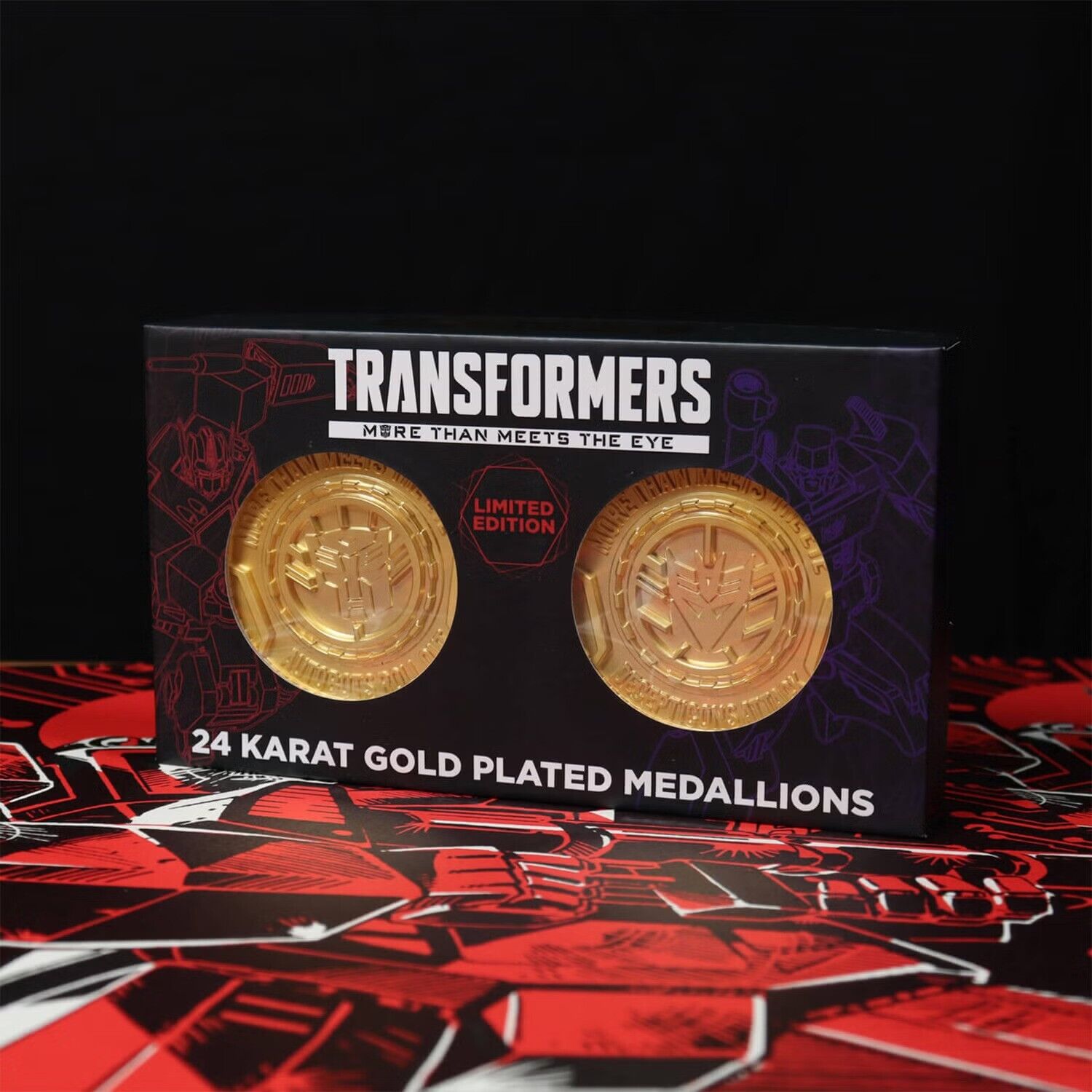 TRANSFORMERS AUTOBOT & DECEPTICON 24K GOLD PLATED SET OF MEDALLIONS LIMITED