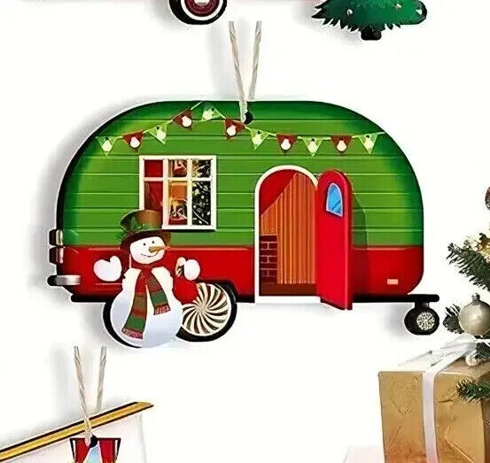 CAMPER TREE DECORATION Santa Snowman Caravan Wooden Christmas TRAVEL XMAS FUN