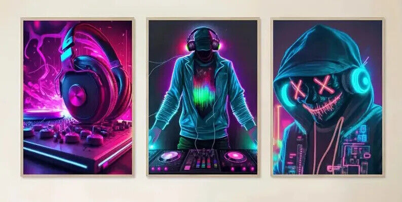 MUSIC Gamer Canvas Art Pictures Large VIRTUAL PC NEON DJ DECKS HEADPHONES PS5