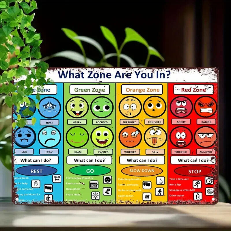 WHAT ZONE ARE YOU IN Metal TIN Garage Sign MOOD HOUSE RED BLUE GREEN ORANGE