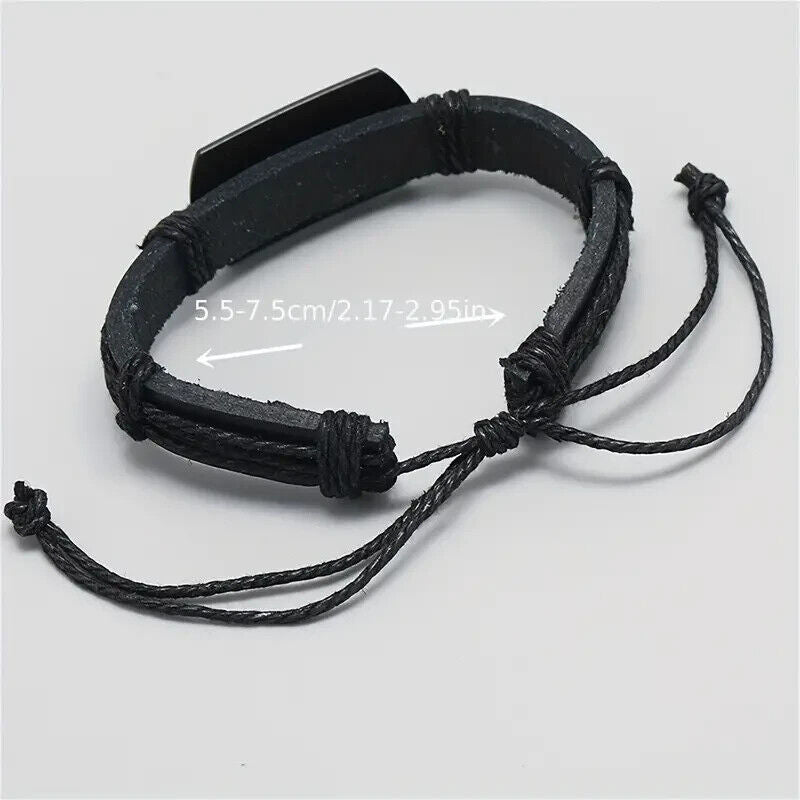 Mens Vintage Viking Black Leather Norse Metal Rune Valknut Wolf Design Bracelet 