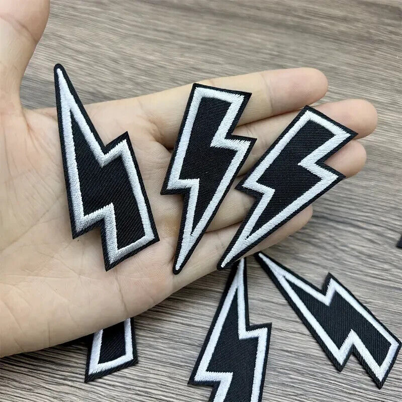 Set Of 2 Black White Bolt Iron Sew Embroidered Gothic Patches Gift FLASH BOLT