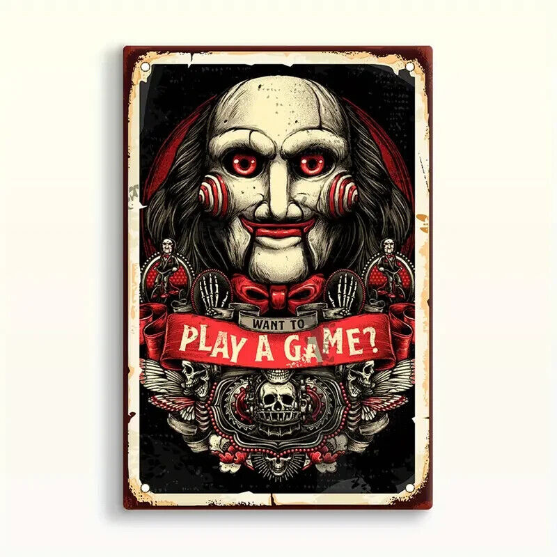 WANT TO PLAY A GAME JIGSAW SAW Tin Metal sign Halloween Horror Art Deco Movie