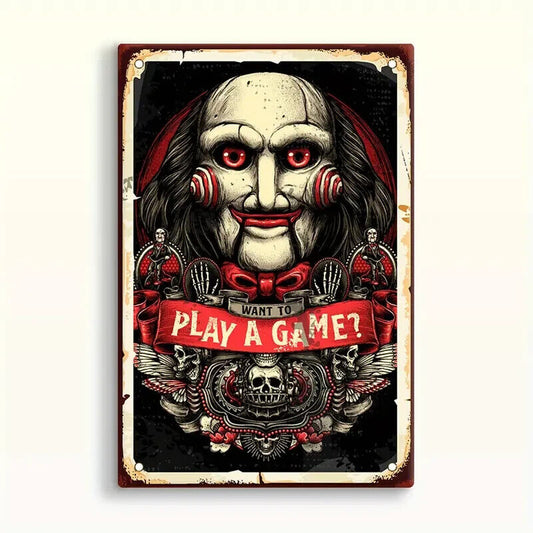 WANT TO PLAY A GAME JIGSAW SAW Tin Metal sign Halloween Horror Art Deco Movie