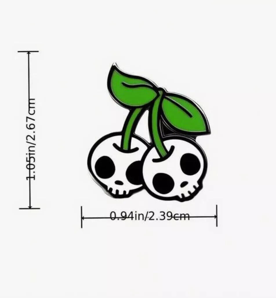 Skull Faced White Cherry Cherries Pin Badge Brooch Emo Goth Enamel