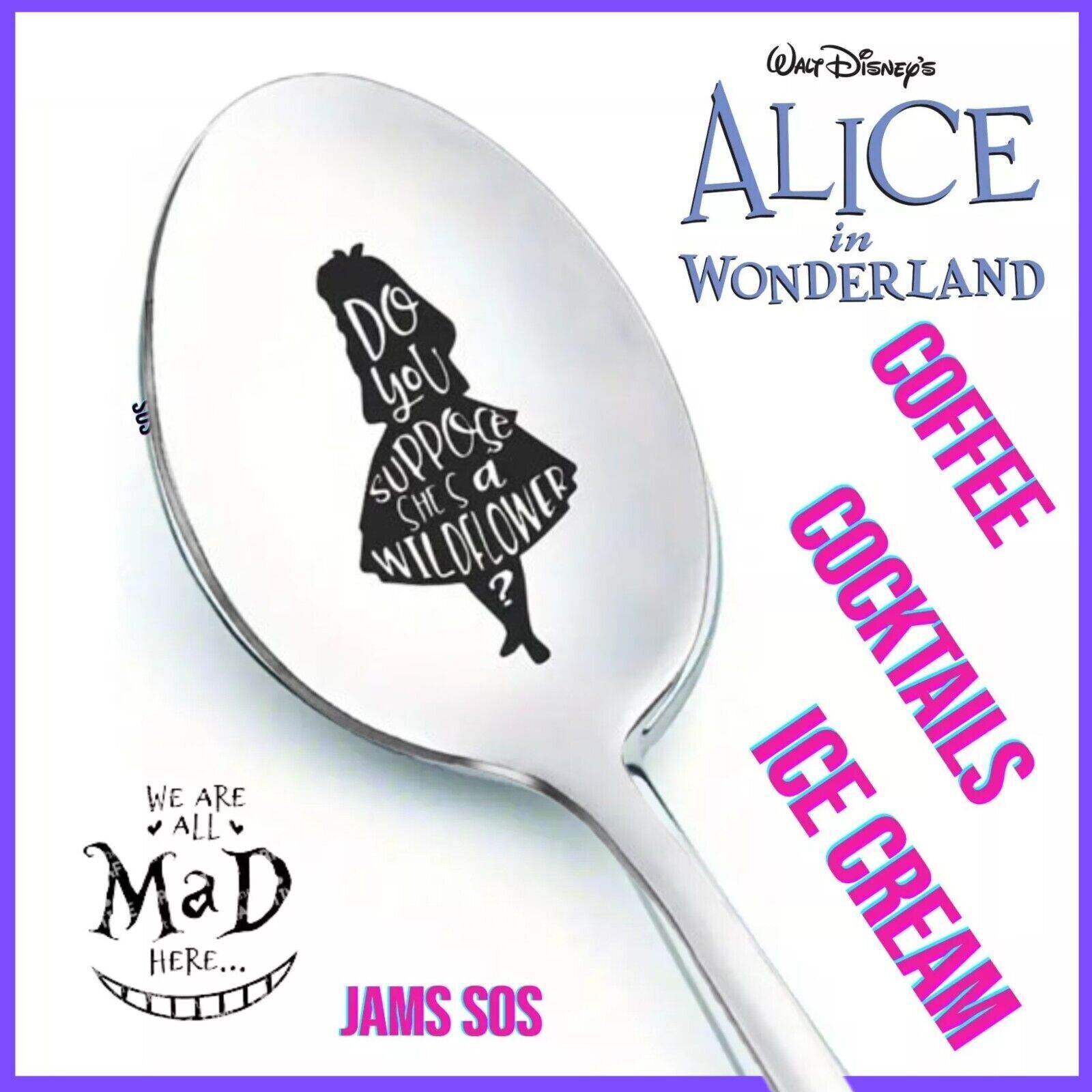 MAD HATTER WERE ALL MAD HERE Spoon ICE CREAM COFFEE SUNDAE SILVER ALICE WONDERLA