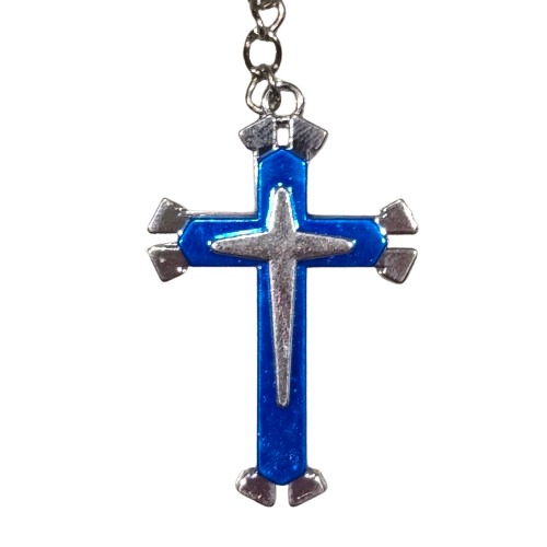 CROSS JESUS CHRIST RELIGION  KEYRING KEYCHAIN KEY RING SILVER BLUE