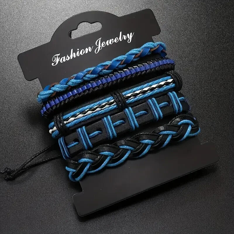 UNISEX 5 Piece Set Handcraft Multi-layer Faux Blue BLACK Leather Bracelet XMAS