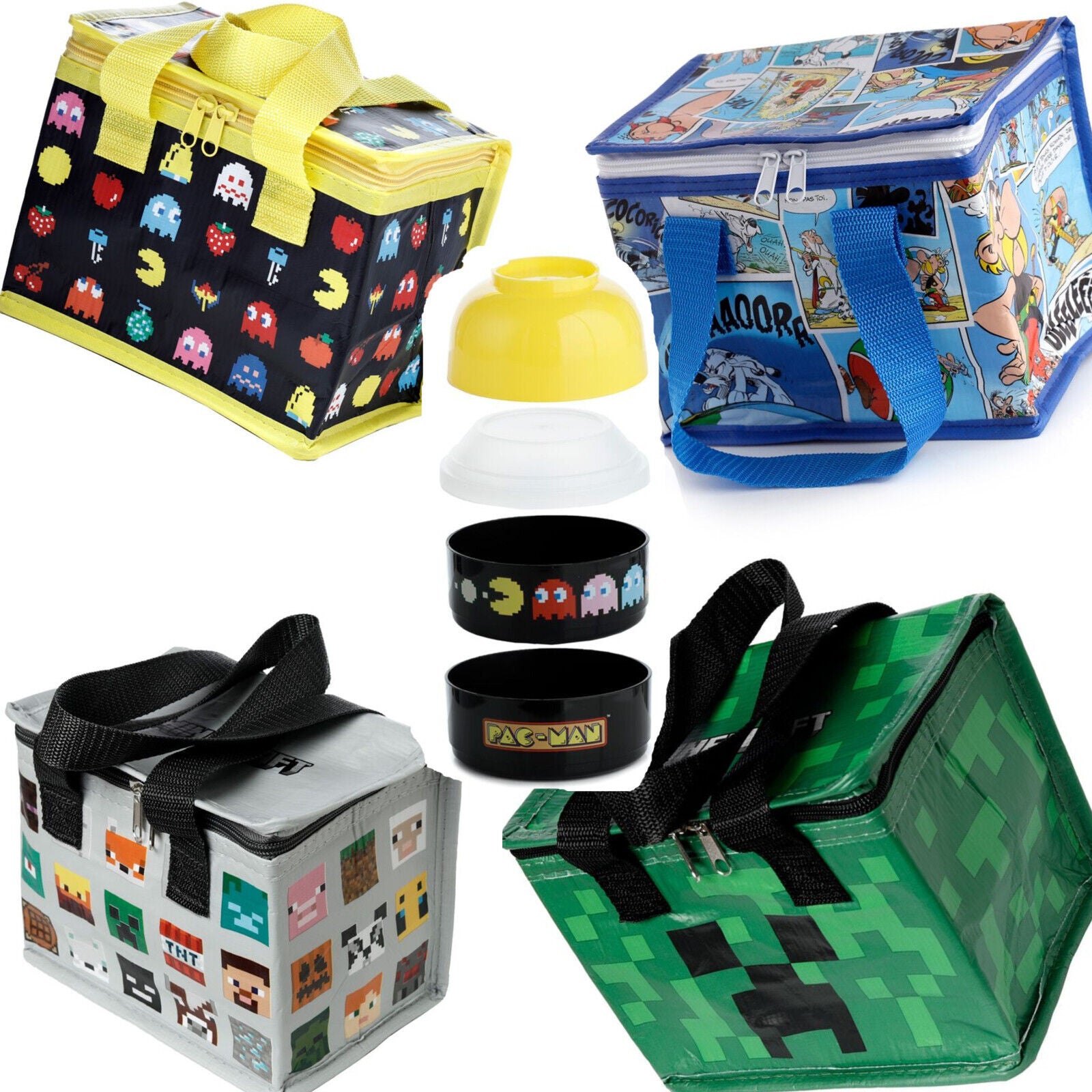 Lunch Bags Insulated Cool Bag School Lunch Box ASTERIX PAC-MAN MINECRAFT STACKED
