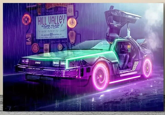 BACK TO THE FUTURE DELOREAN FILM MOVIE CANVAS WALL ART COVERING 60x40CM NEON