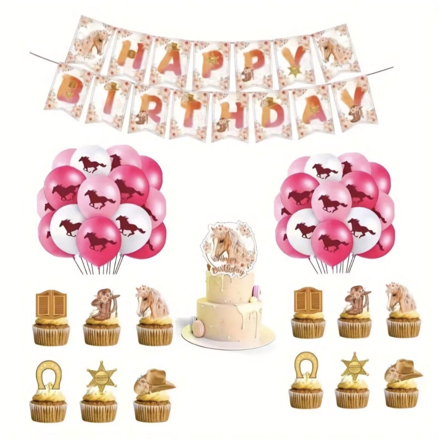 Animal Horse Theme Birthday Party Set Balloons Banners Cake Decorations Pink