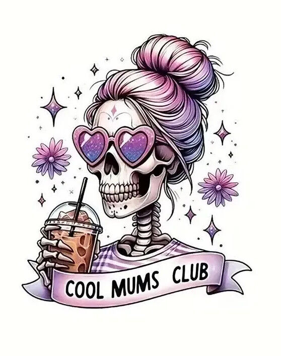 Spooky IRON-ON TRANSFER Flower Spell Pink Skull Skeleton Cute Halloween MUM FUN
