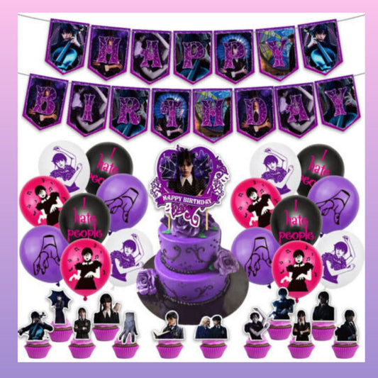 Wednesday Addams Theme Kids Birthday Party Balloons Banner Cupcake Toppers Decor