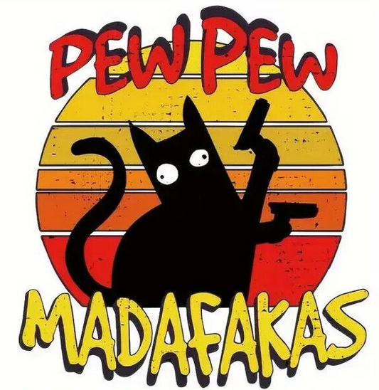 PEW PEW MUADAFAKAS Cartoon Cosplay Iron On TRANSFER GUNS CAT SUNSET