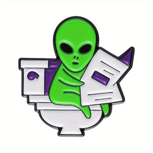 ALIEN READING ON TOILET Metal Enamel Pin Badge COMICAL