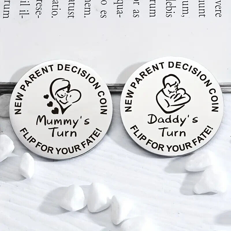 MUMMYS DADDYS TURN DECISION COIN SILVER PARENTS Keyring Gift DADDIES FAIR CHOICE