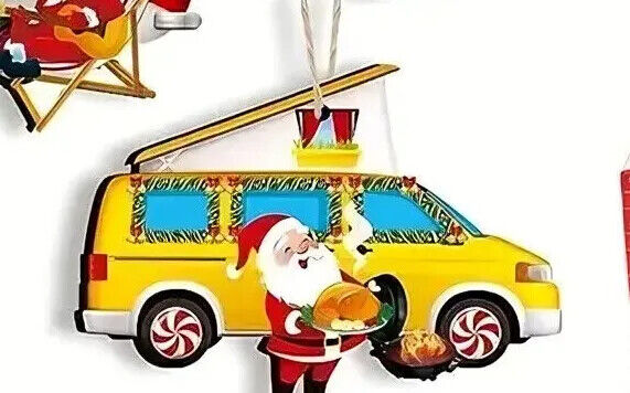 CAMPER TREE DECORATION Santa Snowman Caravan Wooden Christmas TRAVEL XMAS FUN