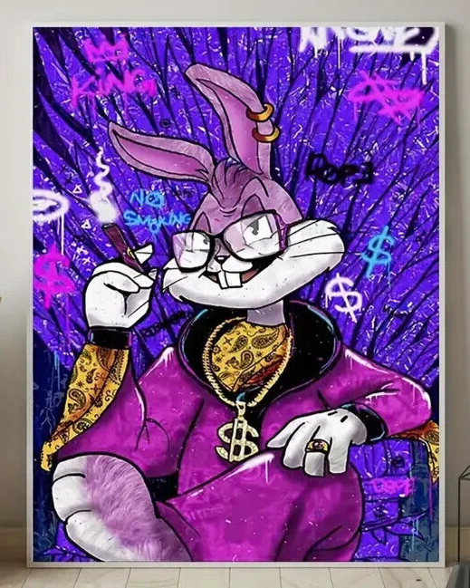 BUGS BUNNY DOLLAR  BOSS GRAFFITI UNFRAMED CANVAS GANGSTER POSTER PRINT PURPLE