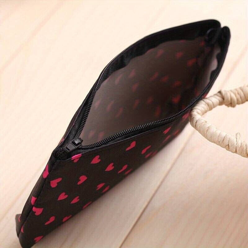 Heart Pattern Zip Makeup Bag Fashion Design Cosmetic Pouch Carry Purse BLACK