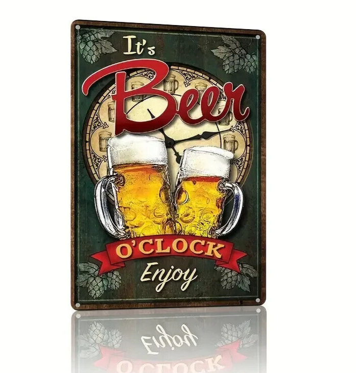 ITS BEER OCLOCK ENJOY Retro Tin Sign ALCOHOL BAT BLACK RED WALL MAN CAVE PUB PIN