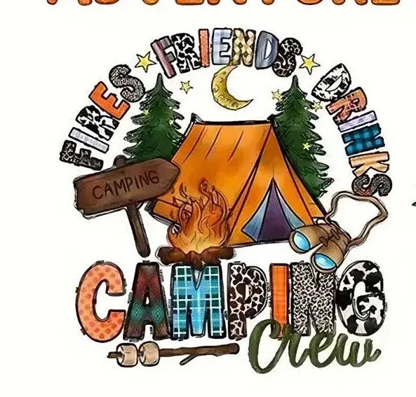 CAMPING CAMPER IRON-ON TRANSFER LOVE HIPPY FRIENDS TRAVEL GLAMP ADVENTURE FIRE