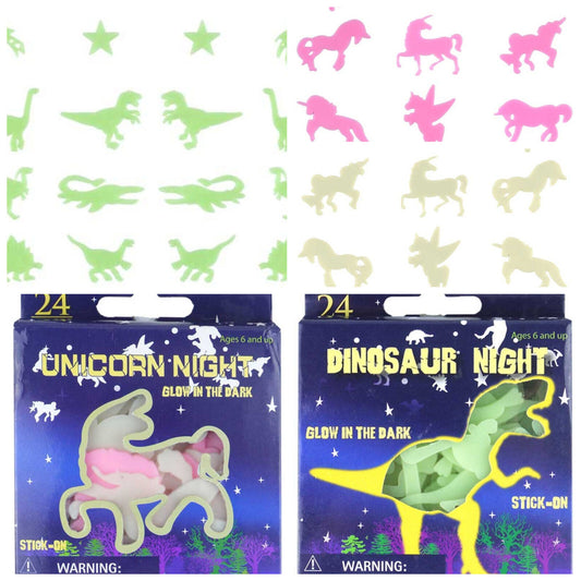 24 Unicorn DINOSAUR Glow in the Dark Stick On Plastic Stickers Pink GREEN CHOOSE