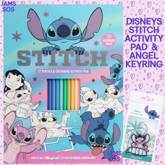STITCH COLORING COLOURING Activity Pad & 12 Pencils & ANGEL KEYRING XMAS GIFT