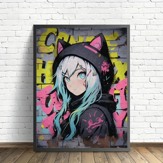 ANIME Picture PRINT Canvas Wall Art COOL FUNKY GRAFFITI COLOUR CAT HOODIE JAPAN