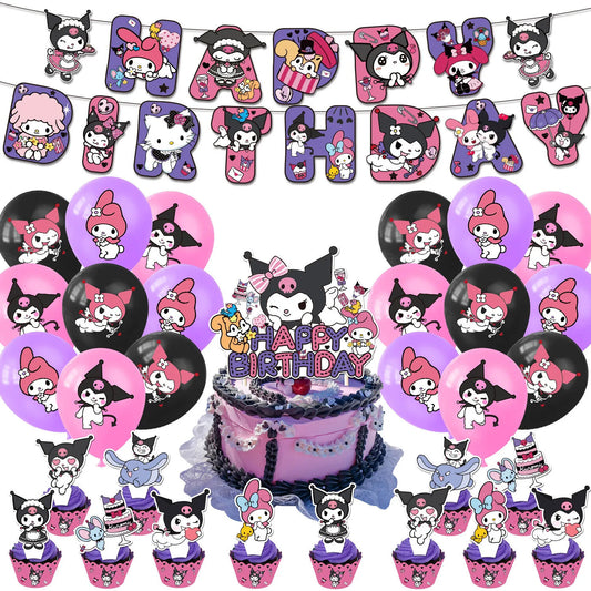 Hello kitty Happy Birthday Balloons Banner Cake Toppers Party Decorations Kuromi