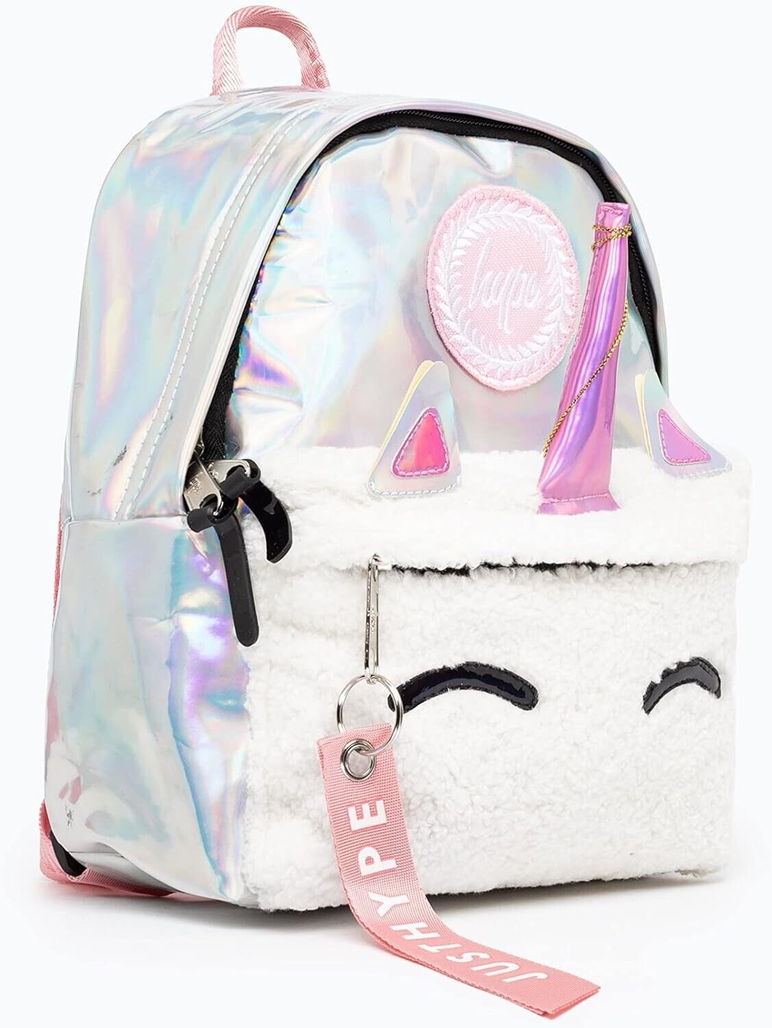 Hype Pink Holographic Unicorn Horn Pocket Crest Mini Backpack Fairy Purple Eyes