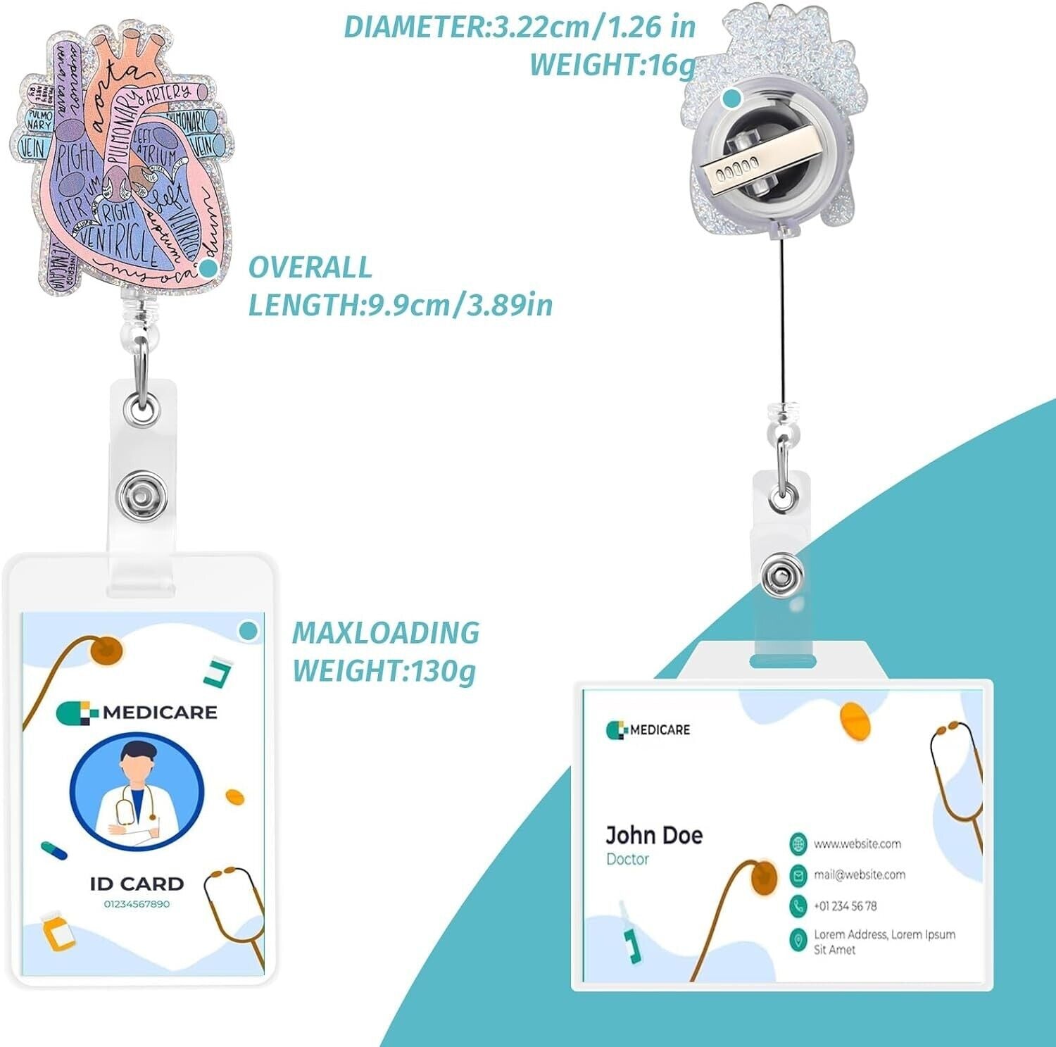 Badge Reel Holder MEDICAL VENTRICLE Retractable Design ID Card Cardiac HEART