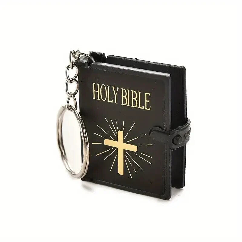 Mini Holy Bible Keyring Book Keychain Christian Cross Black Genuine Readable