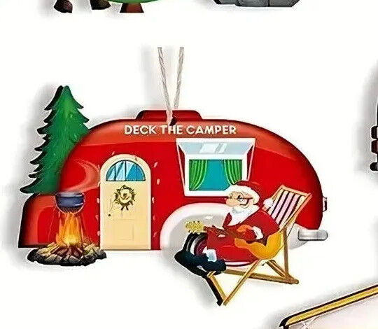 CAMPER TREE DECORATION Santa Snowman Caravan Wooden Christmas TRAVEL XMAS FUN