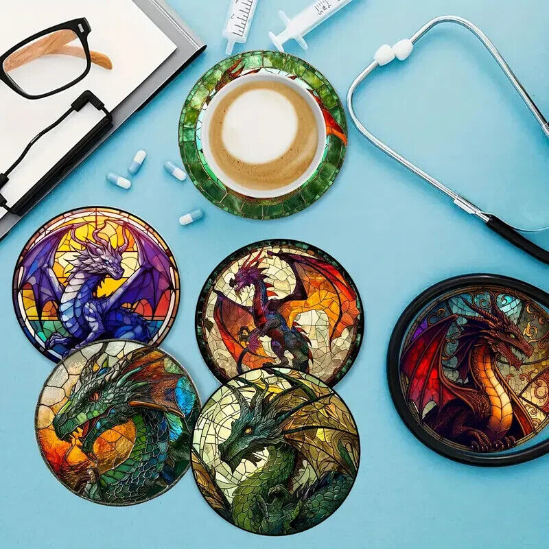 6 Set Chinese Dragon Mythical Coasters Kitchen Drinks Coaster Gift FIRE GREEN PU