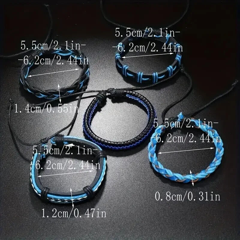 UNISEX 5 Piece Set Handcraft Multi-layer Faux Blue BLACK Leather Bracelet XMAS