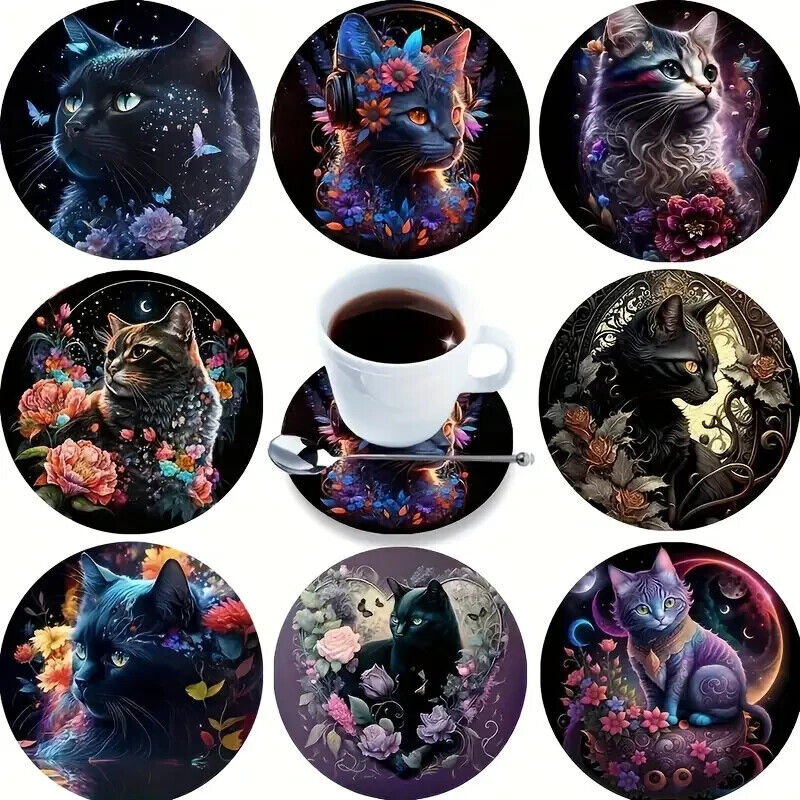 9 Beautiful NEON ABSTRACT MYSTICAL Cat Kitten Coasters Drinks Coaster Gift MAGIC