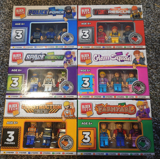 Block Tech 3 Figure Pack SPACE POLICE CONSTRUCTION CREW DINO ISLAND FARMYARD GLA
