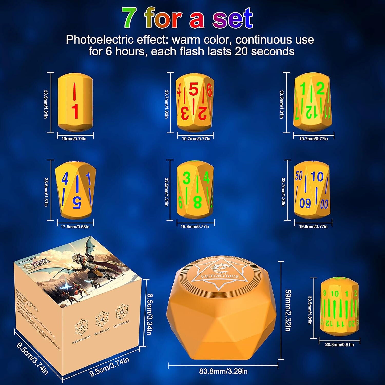 Rechargeable Light Up DND Dice 7PCS Set Luminous Glow LED Dices Charging Box