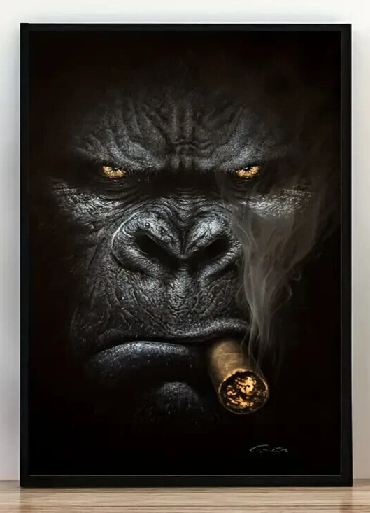 Large BLACK GORILLA CIGAR Picture Canvas Wall Art GOTHIC HORROR MAD EVIL MIST